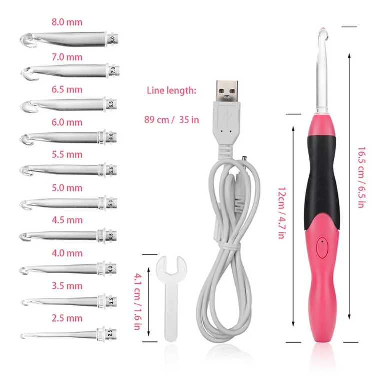 LED-illuminated crochet hook + 11 different needle sizes